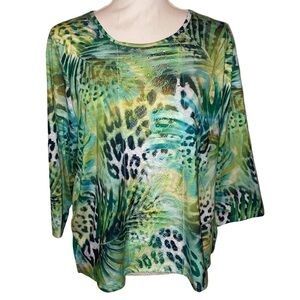 ALFRED DUNNER Petite Island Vibes Cheetah Tropical Leaf Tunic in BLU & GRN SZ PL